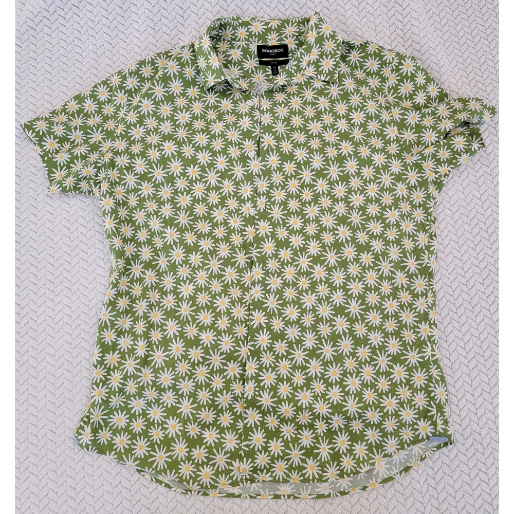 BONOBOS Slim Fit Floral Button Up Shirt Men's XL Green Short Sleeve Casual